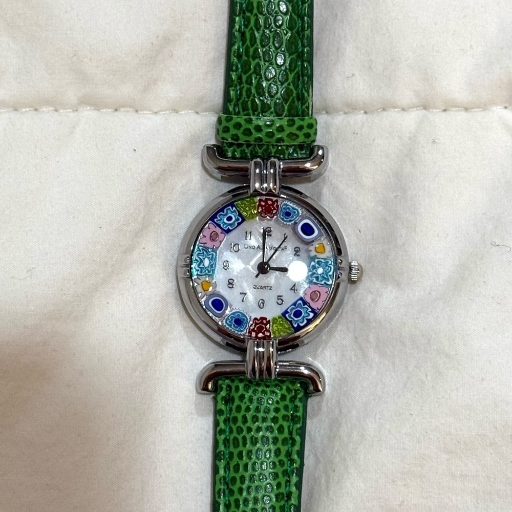 Colorful Watch Murano Glass Millefiori with Green Leather Strap * needs battery